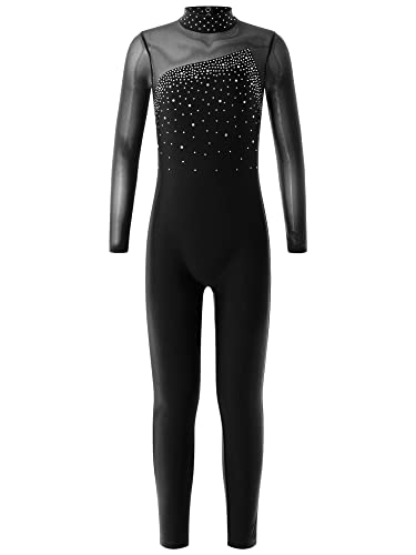 IEFIEL Maillot Entorno de Gimnasia Rítmica Para Niña Mono Elástico de Patinaje Artístico Maillot Manga Larga de Danza Ballet Disfraz de Bailarina S Negro 9-10 años