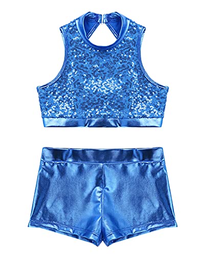 IEFIEL Maillot Lentejuelas de Patinaje Artístico para Niña Conjuntos de Danza Moderna Crop Top +Leggings Pantalones Cortos de Danza Gimnasia Disfraz de Baile Azul 13-14 años