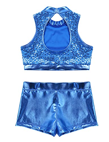 IEFIEL Maillot Lentejuelas de Patinaje Artístico para Niña Conjuntos de Danza Moderna Crop Top +Leggings Pantalones Cortos de Danza Gimnasia Disfraz de Baile Azul 13-14 años