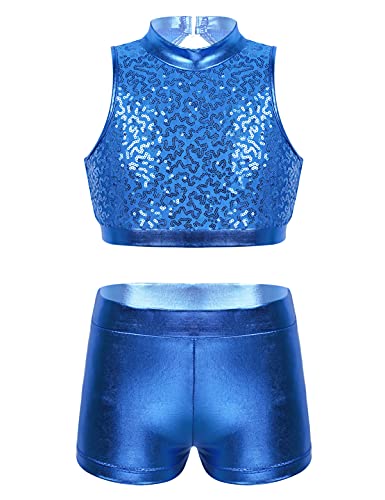 IEFIEL Maillot Lentejuelas de Patinaje Artístico para Niña Conjuntos de Danza Moderna Crop Top +Leggings Pantalones Cortos de Danza Gimnasia Disfraz de Baile Azul 13-14 años