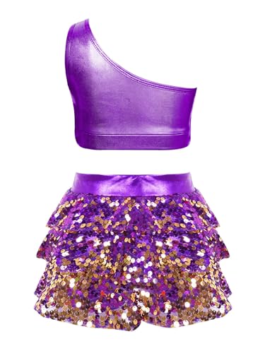 IEFIEL Maillot Lentejuelas de Patinaje Artístico para Niña Leotardo de Ballet Gimnasia Maillot de Baile Latino Jazz Disfraz de Bailarina 3-16 Años T Morado 9-10 años