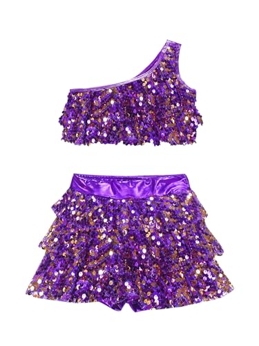 IEFIEL Maillot Lentejuelas de Patinaje Artístico para Niña Leotardo de Ballet Gimnasia Maillot de Baile Latino Jazz Disfraz de Bailarina 3-16 Años T Morado 9-10 años