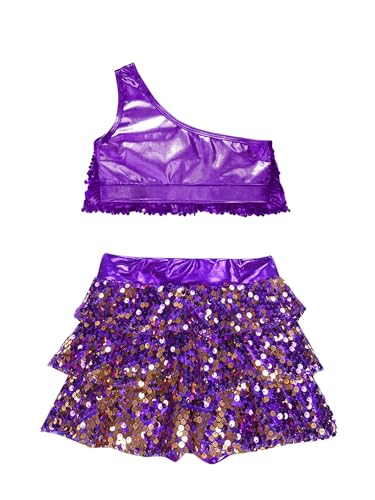 IEFIEL Maillot Lentejuelas de Patinaje Artístico para Niña Leotardo de Ballet Gimnasia Maillot de Baile Latino Jazz Disfraz de Bailarina 3-16 Años T Morado 9-10 años