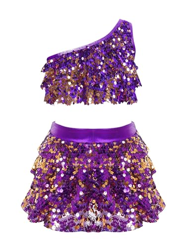 IEFIEL Maillot Lentejuelas de Patinaje Artístico para Niña Leotardo de Ballet Gimnasia Maillot de Baile Latino Jazz Disfraz de Bailarina 3-16 Años T Morado 9-10 años