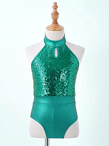 IEFIEL Maillot Lentejuelas de Patinaje Artistico Para Niña Mono Elástico de Gimnasia Ritmica Traje Ballet Niña Maillot de Danza Clásica A Verde 9-10 años