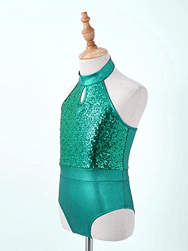 IEFIEL Maillot Lentejuelas de Patinaje Artistico Para Niña Mono Elástico de Gimnasia Ritmica Traje Ballet Niña Maillot de Danza Clásica A Verde 9-10 años