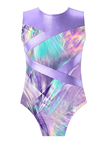 IEFIEL Maillot Lentejuelas de Patinaje Artistico Para Niña Mono Elástico de Gimnasia Ritmica Traje Ballet Niña Maillot de Danza Clásica S Lavanda 11-12 años