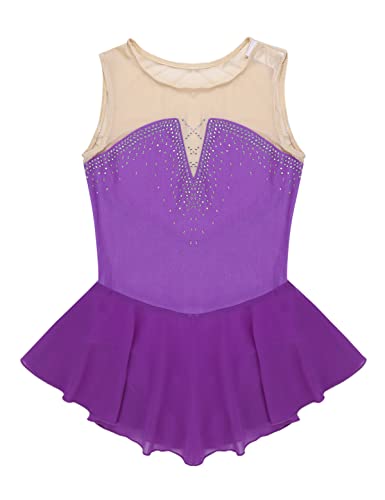 IEFIEL Maillot Patinaje Artístico Niña Vestido Brillante de Danza Ballet Maillot con Falda de Gimnasia Ritmica Disfraz Bailarina Niña A Morado 9-10 años