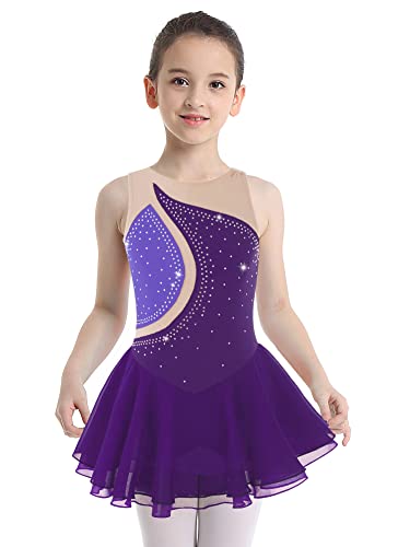 IEFIEL Maillot Patinaje Artístico Niña Vestido Brillante de Danza Ballet Maillot con Falda de Gimnasia Ritmica Disfraz Bailarina Niña S Morado 11-12 años