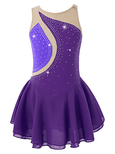 IEFIEL Maillot Patinaje Artístico Niña Vestido Brillante de Danza Ballet Maillot con Falda de Gimnasia Ritmica Disfraz Bailarina Niña S Morado 11-12 años