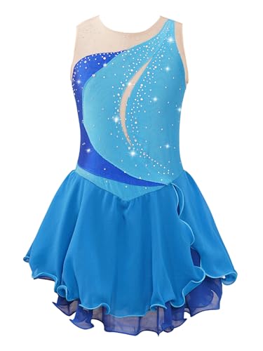 IEFIEL Maillot Patinaje Artístico Niña Vestido Brillante de Danza Ballet Maillot con Falda de Gimnasia Ritmica Disfraz Bailarina Niña V Azul claro 13-14 años