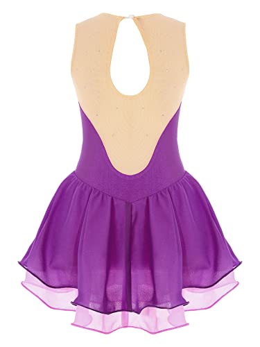 IEFIEL Maillot Patinaje Artístico Niña Vestido Brillante de Danza Ballet Maillot con Falda de Gimnasia Ritmica Disfraz Bailarina Niña V Morado 7-8 años