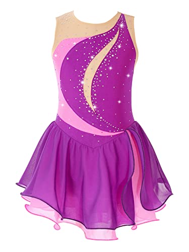 IEFIEL Maillot Patinaje Artístico Niña Vestido Brillante de Danza Ballet Maillot con Falda de Gimnasia Ritmica Disfraz Bailarina Niña V Morado 7-8 años