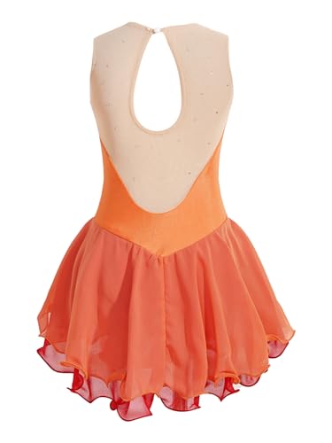 IEFIEL Maillot Patinaje Artístico Niña Vestido Brillante de Danza Ballet Maillot con Falda de Gimnasia Ritmica Disfraz Bailarina Niña V Naranja 7-8 años