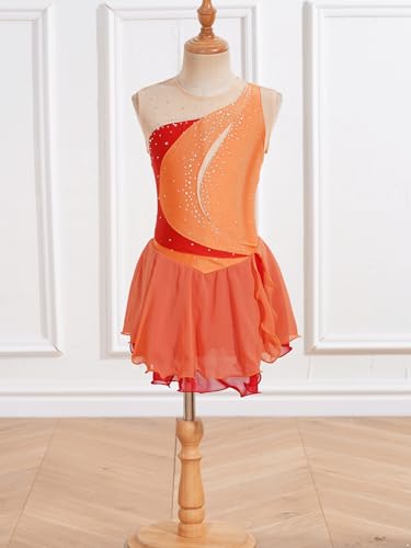 IEFIEL Maillot Patinaje Artístico Niña Vestido Brillante de Danza Ballet Maillot con Falda de Gimnasia Ritmica Disfraz Bailarina Niña V Naranja 7-8 años