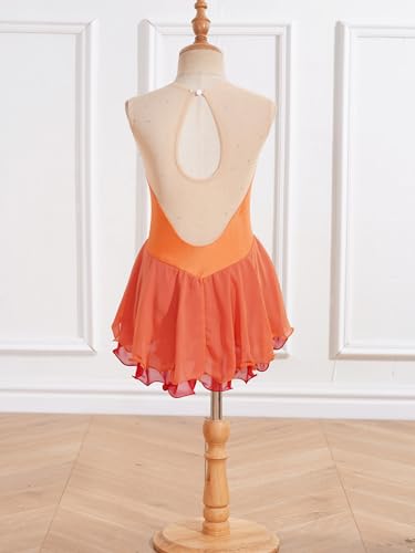 IEFIEL Maillot Patinaje Artístico Niña Vestido Brillante de Danza Ballet Maillot con Falda de Gimnasia Ritmica Disfraz Bailarina Niña V Naranja 7-8 años