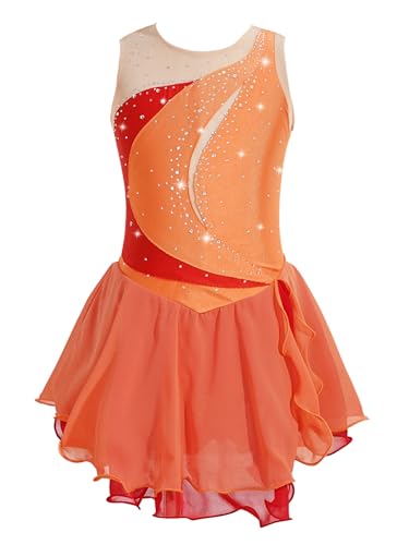 IEFIEL Maillot Patinaje Artístico Niña Vestido Brillante de Danza Ballet Maillot con Falda de Gimnasia Ritmica Disfraz Bailarina Niña V Naranja 7-8 años