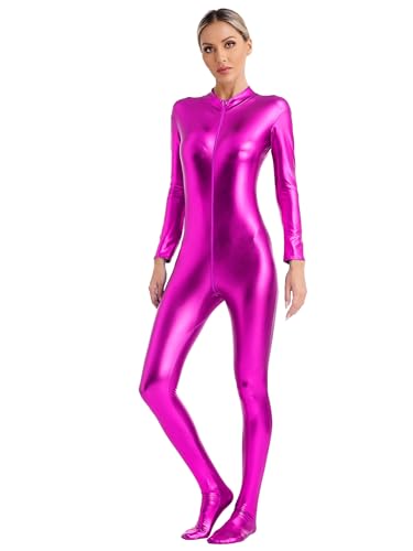 IEFIEL Mono de Danza Ballet para Mujer Jumpsuit de Brillante Metálica con Cremallera Maillot de Deportiva Gimnasia Yoga Disfraz de Cosplay Clubwear Carnaval S-3XL Rosa caliente M