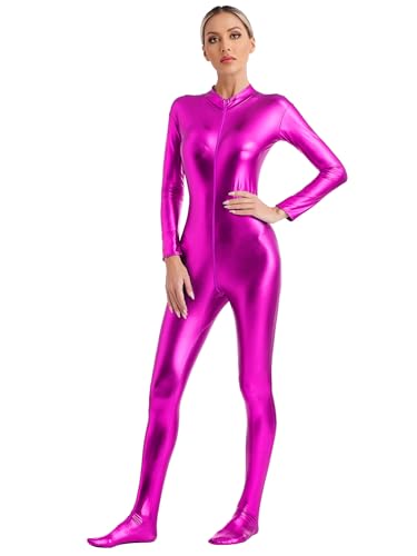 IEFIEL Mono de Danza Ballet para Mujer Jumpsuit de Brillante Metálica con Cremallera Maillot de Deportiva Gimnasia Yoga Disfraz de Cosplay Clubwear Carnaval S-3XL Rosa caliente M