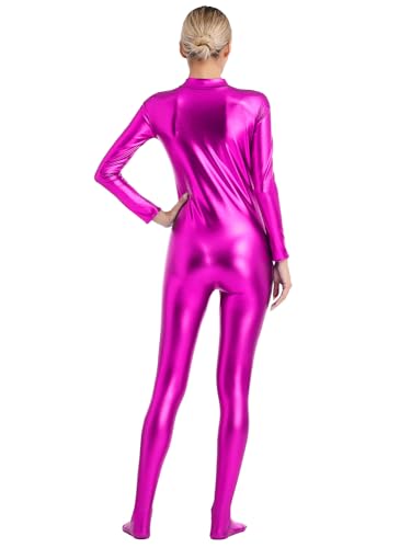 IEFIEL Mono de Danza Ballet para Mujer Jumpsuit de Brillante Metálica con Cremallera Maillot de Deportiva Gimnasia Yoga Disfraz de Cosplay Clubwear Carnaval S-3XL Rosa caliente M