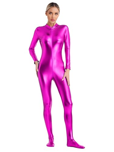 IEFIEL Mono de Danza Ballet para Mujer Jumpsuit de Brillante Metálica con Cremallera Maillot de Deportiva Gimnasia Yoga Disfraz de Cosplay Clubwear Carnaval S-3XL Rosa caliente M