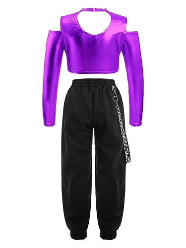 IEFIEL Traje de Baile Moderno para Niñas Sudadera de Manga Larga Crop Top de Lentejuelas Brillante y Pantalones Largos de Danza Hip Hop Chándales Deportivos 5-14 Años Morado 9-10 años