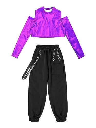 IEFIEL Traje de Baile Moderno para Niñas Sudadera de Manga Larga Crop Top de Lentejuelas Brillante y Pantalones Largos de Danza Hip Hop Chándales Deportivos 5-14 Años Morado 9-10 años