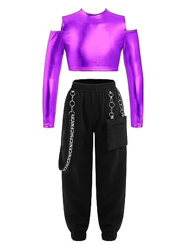 IEFIEL Traje de Baile Moderno para Niñas Sudadera de Manga Larga Crop Top de Lentejuelas Brillante y Pantalones Largos de Danza Hip Hop Chándales Deportivos 5-14 Años Morado 5-6 años