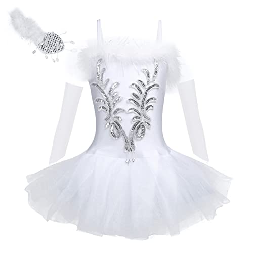 IEFIEL Vestido de Bailarina Ballet Cisne para Niña con Lentejuelas Rendimiento Maillot con Falda Tutú y Corona y Clips Floral Traje de Gimnasia Rítmica Patinaje 4-16 Años D Blanco 7-8 años