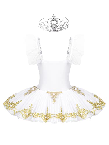 IEFIEL Vestido de Bailarina Ballet Cisne para Niña con Lentejuelas Rendimiento Maillot con Falda Tutú y Corona y Clips Floral Traje de Gimnasia Rítmica Patinaje 4-16 Años F Blanco A 8-10 años