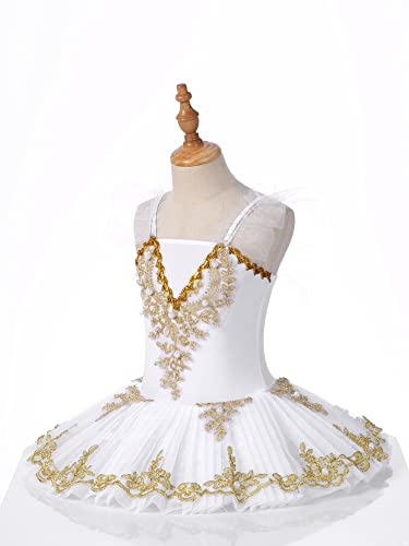 IEFIEL Vestido de Bailarina Ballet Cisne para Niña con Lentejuelas Rendimiento Maillot con Falda Tutú y Corona y Clips Floral Traje de Gimnasia Rítmica Patinaje 4-16 Años F Blanco A 8-10 años