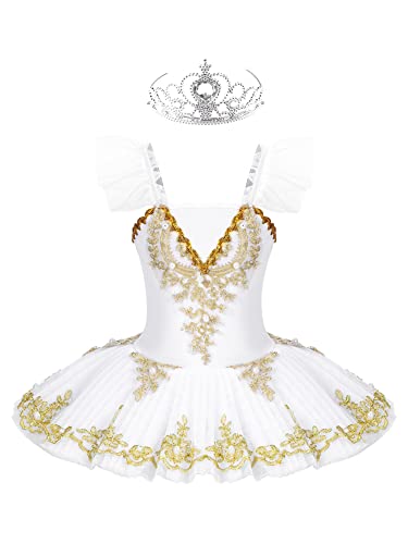 IEFIEL Vestido de Bailarina Ballet Cisne para Niña con Lentejuelas Rendimiento Maillot con Falda Tutú y Corona y Clips Floral Traje de Gimnasia Rítmica Patinaje 4-16 Años F Blanco A 8-10 años