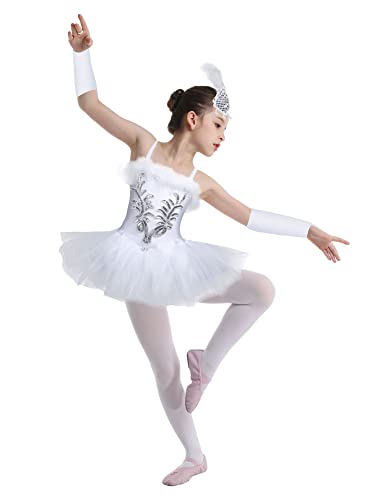 IEFIEL Vestido de Bailarina Ballet Cisne para Niña con Lentejuelas Rendimiento Maillot con Falda Tutú y Corona y Clips Floral Traje de Gimnasia Rítmica Patinaje 4-16 Años D Blanco 4-5 años