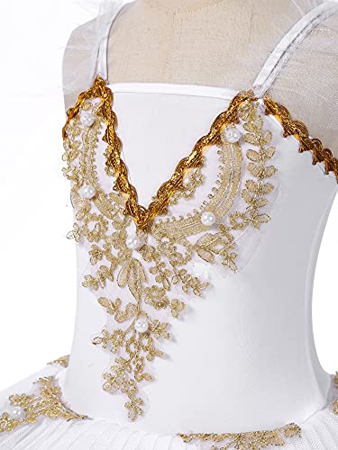 IEFIEL Vestido de Bailarina Ballet Cisne para Niña con Lentejuelas Rendimiento Maillot con Falda Tutú y Corona y Clips Floral Traje de Gimnasia Rítmica Patinaje 4-16 Años D Blanco 7-8 años