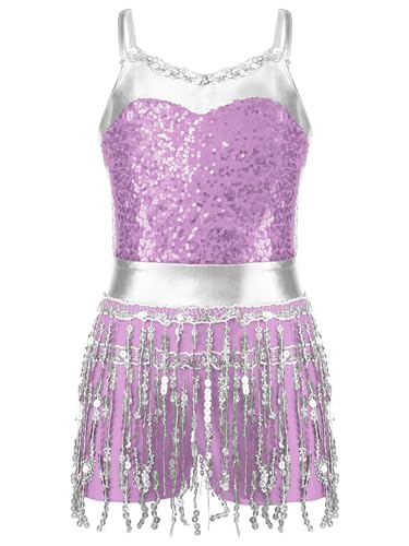 IEFIEL Vestido de Baile Latino para Niña Vestido Lentejuelas de Patinaje Artístico Gimnasia Maillot de Jazz Disfraz de Bailarina 4-16 Años Y Lavanda 8 años