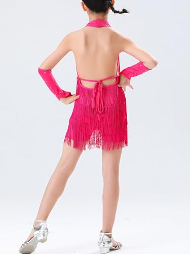 IEFIEL Vestido de Baile Latino Salón para Niñas con Flecos y Leggings Pantalones Cortos de Elásticos Vestido Rendimiento de Sevillana Chacha Tango Profesional 3-15 Años Rosa Caliente A 5-6 años