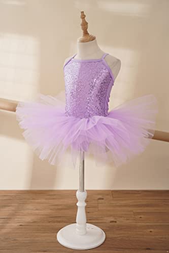 IEFIEL Vestido de Danza Ballet Cisne para Niña Maillot Lentejuelas Leotardo Ballet de sin Manga con Falda Tutú Disfraz de Bailarina 4-16 Años Morado 4-5 años