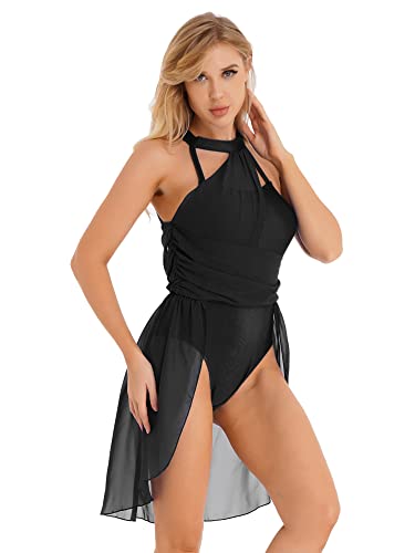 IEFIEL Vestido de Danza Ballet Mujer Maillot de Patinaje Artistico Vestido Gasa de Danza Contemporánea Traje de Danza Lirica Ropa Ballet Mujer C Negro M