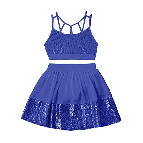 IEFIEL Vestido de Danza Lirica Niña Crop Top Tirantes+Falda Corta Vestido Princesa de Danza Moderna Maillot Lentejuelas de Danza Latina Disfraz de Bailarina Azul Oscuro 14 años