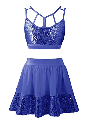 IEFIEL Vestido de Danza Lirica Niña Crop Top Tirantes+Falda Corta Vestido Princesa de Danza Moderna Maillot Lentejuelas de Danza Latina Disfraz de Bailarina Azul Oscuro 14 años