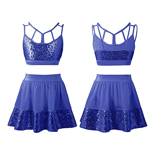 IEFIEL Vestido de Danza Lirica Niña Crop Top Tirantes+Falda Corta Vestido Princesa de Danza Moderna Maillot Lentejuelas de Danza Latina Disfraz de Bailarina Azul Oscuro 14 años