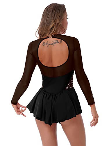 IEFIEL Vestido de Danza Patinaje Hielo para Mujer Manga Larga Maillot de Ballet Gimnasia con Falda Tul Vestido de Bailarina Ballet B Negro S