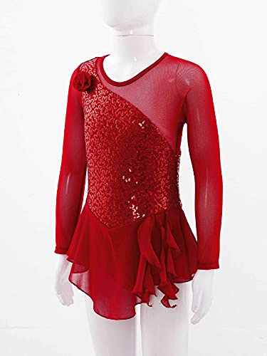 IEFIEL Vestido Lentejuelas de Danza para Niña Maillot Patinaje Artístico de Manga Larga Leotardo de Ballet Gimnasia Vestido de Bailarina 4-16 Años W Rojo 4 años