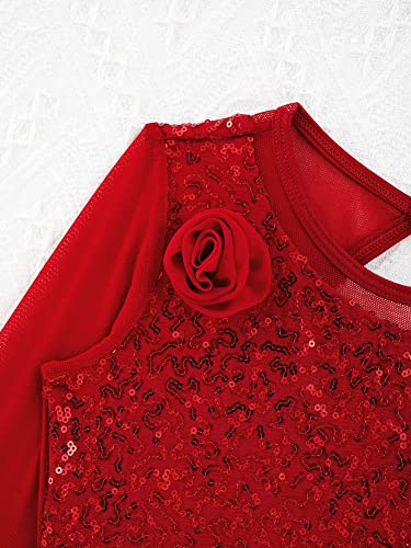 IEFIEL Vestido Lentejuelas de Danza para Niña Maillot Patinaje Artístico de Manga Larga Leotardo de Ballet Gimnasia Vestido de Bailarina 4-16 Años W Rojo 4 años