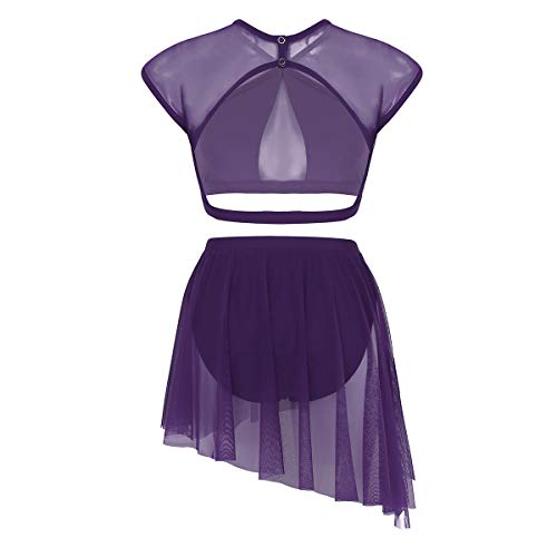 iiniim 2 Piezas Traje de Danza Lírica Contemporánea para Mujer Chica Vestido Elegante de Ballet Baile Conjunto Criss Cross Crop Top + Falda Corta Irregular Fiesta Actuación A Morado XS