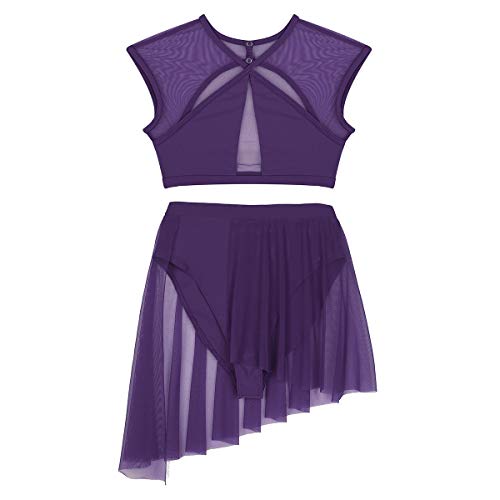 iiniim 2 Piezas Traje de Danza Lírica Contemporánea para Mujer Chica Vestido Elegante de Ballet Baile Conjunto Criss Cross Crop Top + Falda Corta Irregular Fiesta Actuación A Morado XS