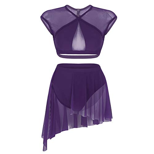 iiniim 2 Piezas Traje de Danza Lírica Contemporánea para Mujer Chica Vestido Elegante de Ballet Baile Conjunto Criss Cross Crop Top + Falda Corta Irregular Fiesta Actuación A Morado XS