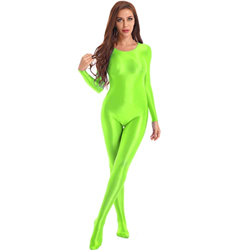 iiniim Body Ajustado Manga Larga para Mujer Cuello Redondo Monos de Gimnasia Ritmica Leotardo de Patinaje Artistica Jumpsuit Bodysuit Catsuit A Verde M