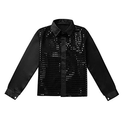 iiniim Camisa de Manga Larga Niño Niña Camisa Lentejuelas Traje Hip Hop Top Blusa Brillo para Coro Ropa de Danza Jazz Baile Actuación Música Fiesta Navidad Carnaval Negro 7-8 años