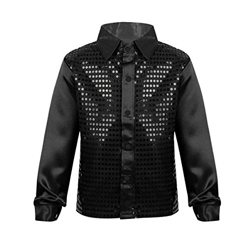 iiniim Camisa de Manga Larga Niño Niña Camisa Lentejuelas Traje Hip Hop Top Blusa Brillo para Coro Ropa de Danza Jazz Baile Actuación Música Fiesta Navidad Carnaval Negro 7-8 años